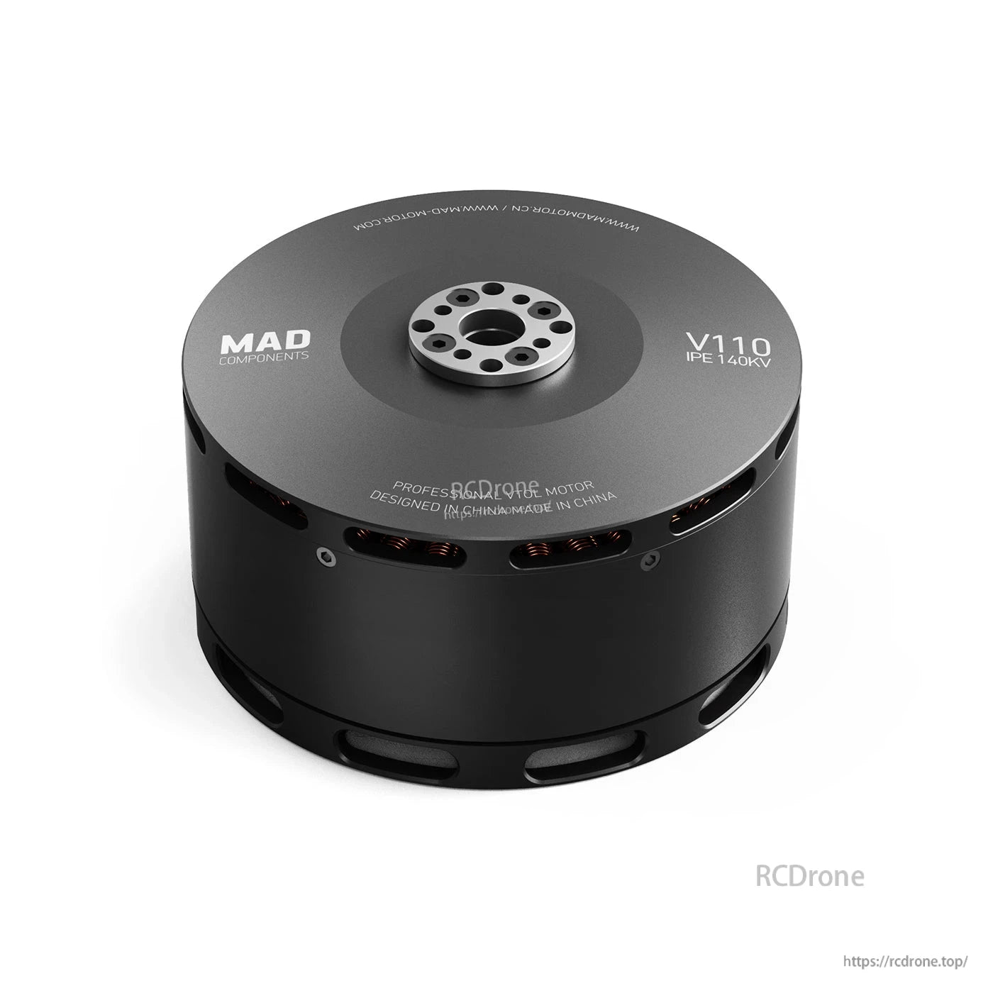 MAD V110 IPE V1.0 140KV eVTOL Drone Motor, MAD V110 IPE 140KV eVTOL drone motor with black cylindrical housing, top mount plate, and side vent slots