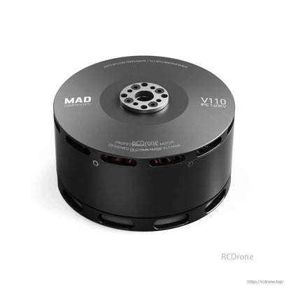 MAD V110 IPE V1.0 140KV eVTOL Drone Motor, MAD V110 IPE 140KV eVTOL drone motor with black cylindrical housing, top mount plate, and side vent slots