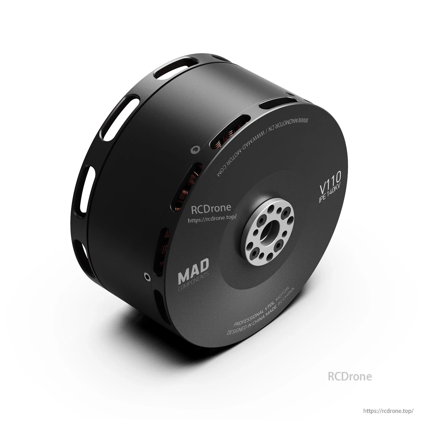 MAD V110 IPE V1.0 140KV eVTOL Drone Motor, MAD V110 140KV eVTOL drone motor with black cylindrical housing, vent slots, and front mounting hole pattern