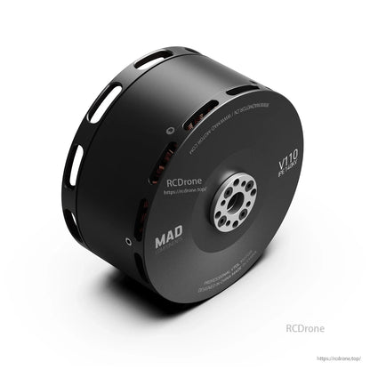 MAD V110 IPE V1.0 140KV eVTOL Drone Motor, MAD V110 140KV eVTOL drone motor with black cylindrical housing, vent slots, and front mounting hole pattern