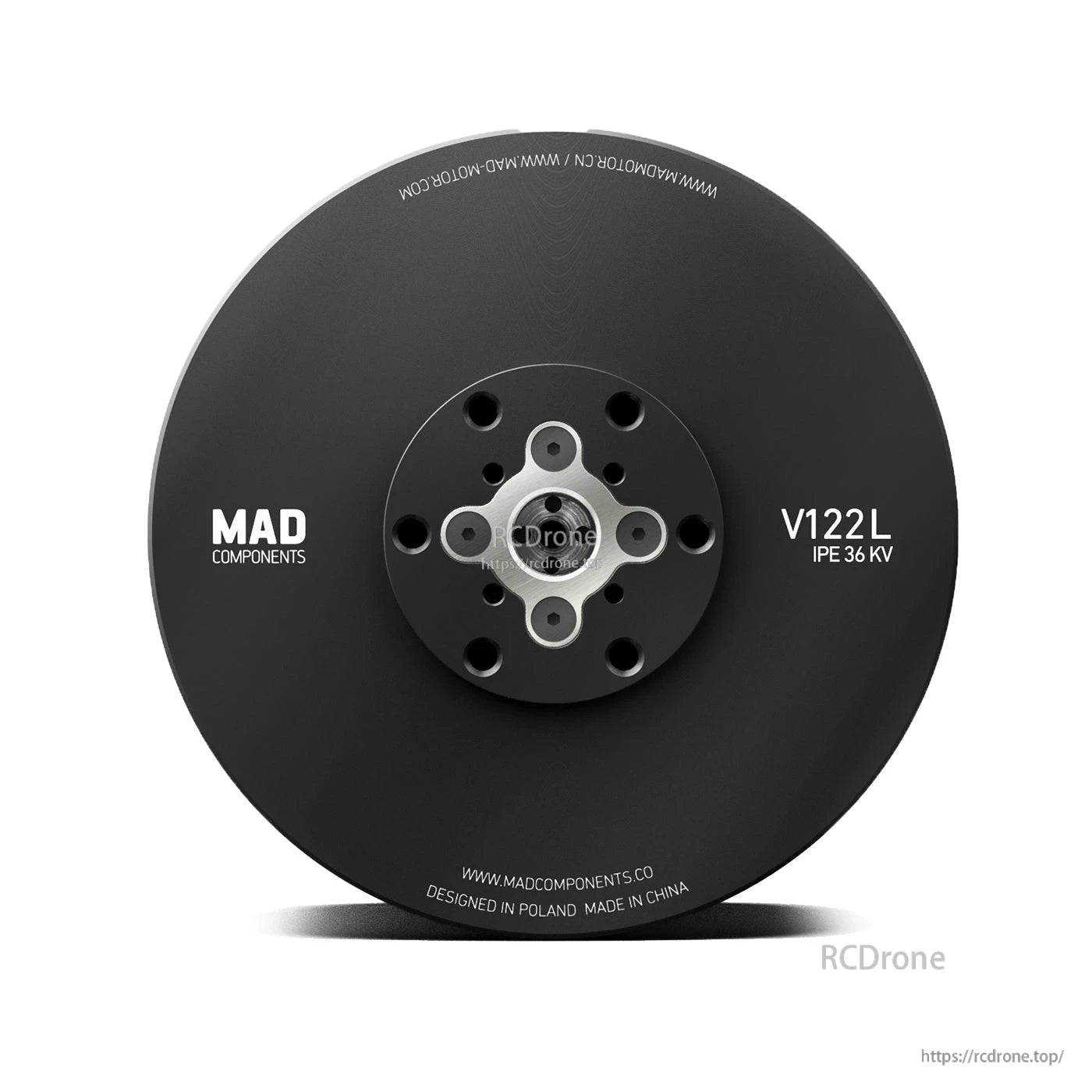 MAD V122L IPE 36KV eVTOL Drone Motor, MAD Components V122L IPE 36KV eVTOL drone motor, black disc-shaped housing with mounting holes