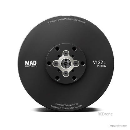MAD V122L IPE 36KV eVTOL Drone Motor, MAD Components V122L IPE 36KV eVTOL drone motor, black disc-shaped housing with mounting holes