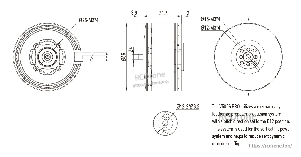 MAD V505S PRO eVTOL drone motor dimension drawing with Ø56 body, 31.5 mm length, and M3 mounting hole pattern