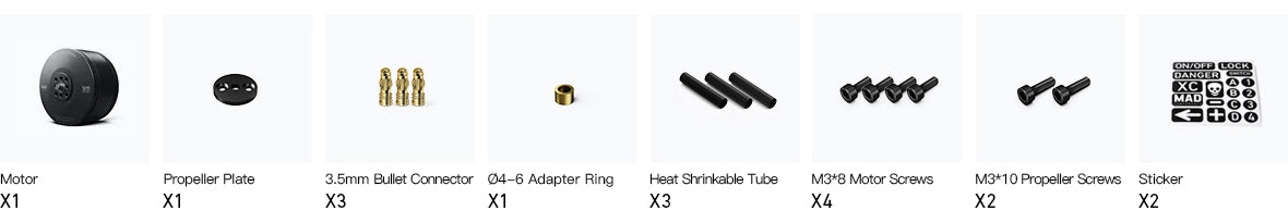 MAD V505S PRO drone motor kit with propeller plate, bullet connectors, adapter ring, screws, heat shrink, and stickers