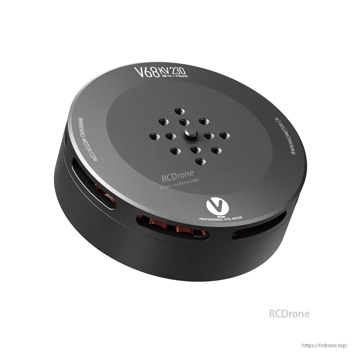 MAD V68 IPE V1.0 230KV eVTOL drone motor with black round housing, vented sides, and multi-hole mounting top