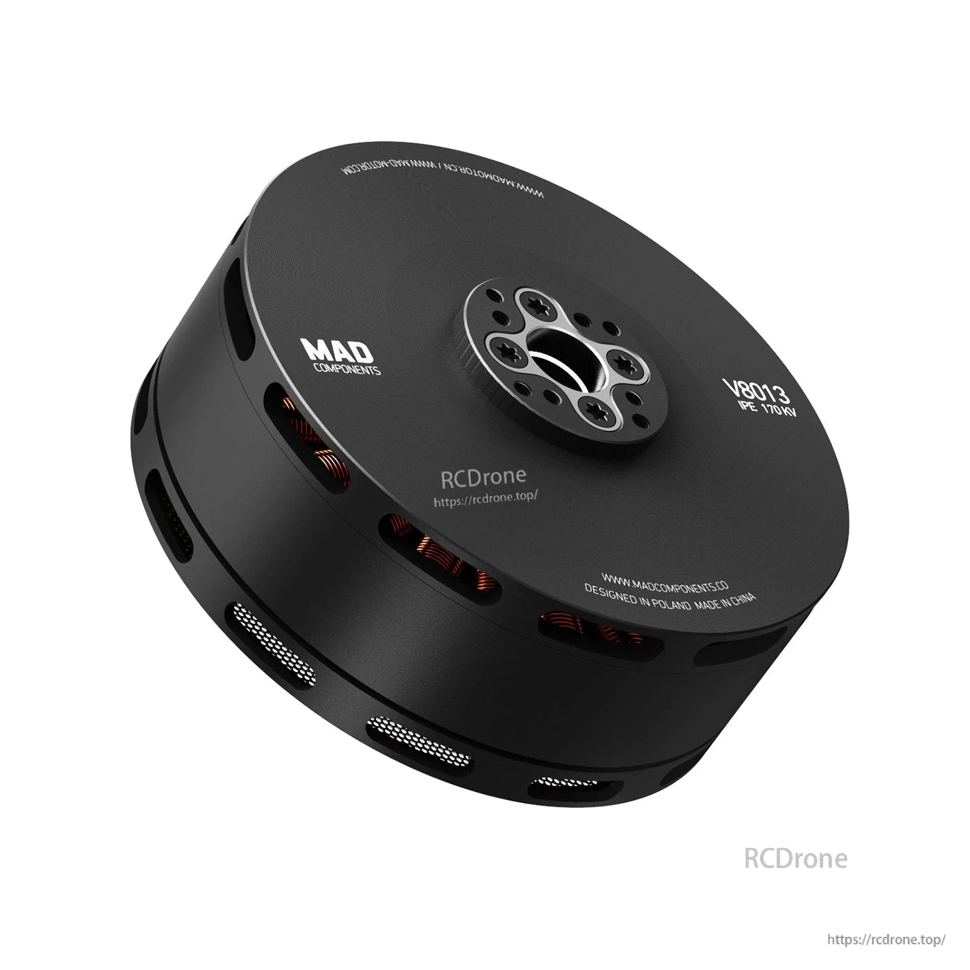MAD V8013 IPE eVTOL drone motor in black, flat round housing with top mounting plate and vent slots