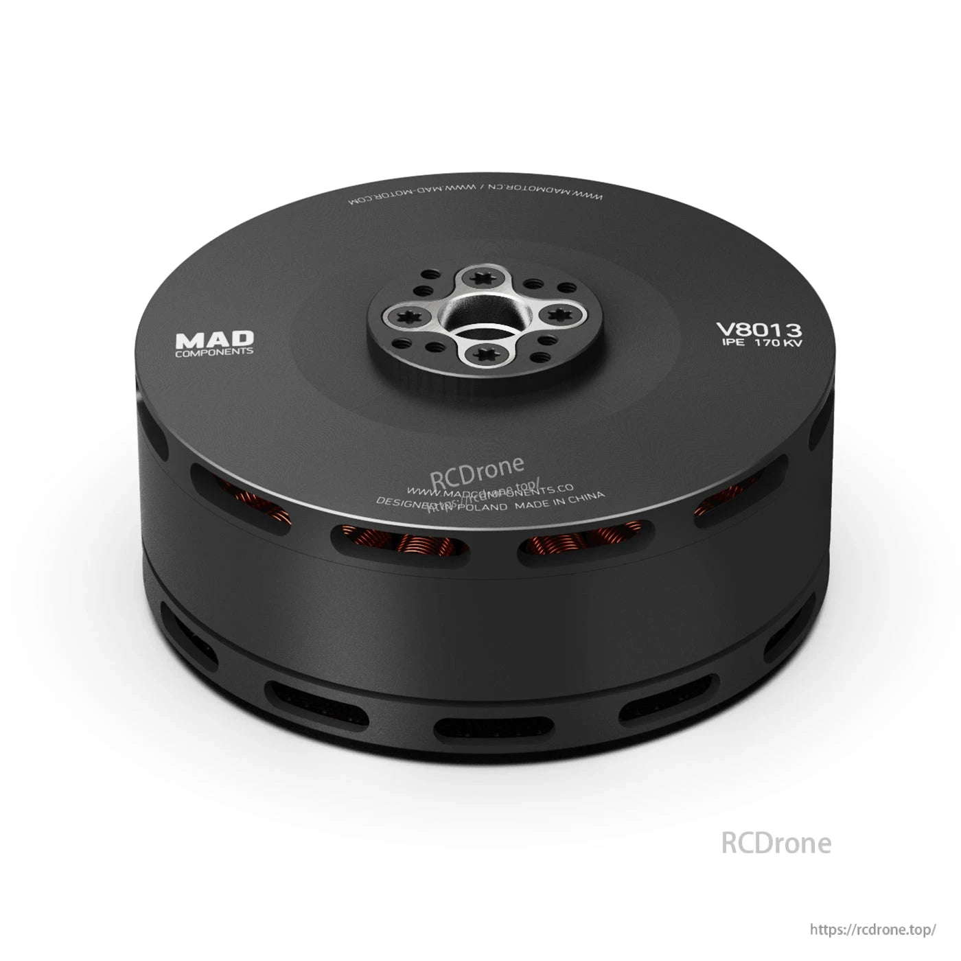 MAD V8013 IPE eVTOL Drone Motor, MAD Components V8013 IPE 170KV eVTOL drone motor with top mounting plate and vented black housing