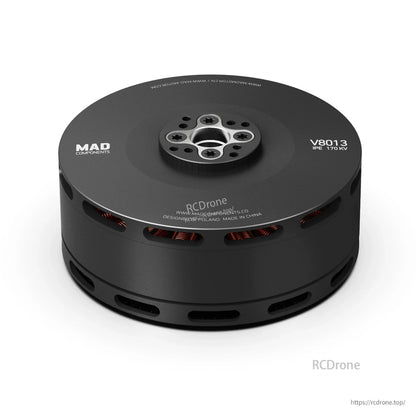 MAD V8013 IPE eVTOL Drone Motor, MAD Components V8013 IPE 170KV eVTOL drone motor with top mounting plate and vented black housing