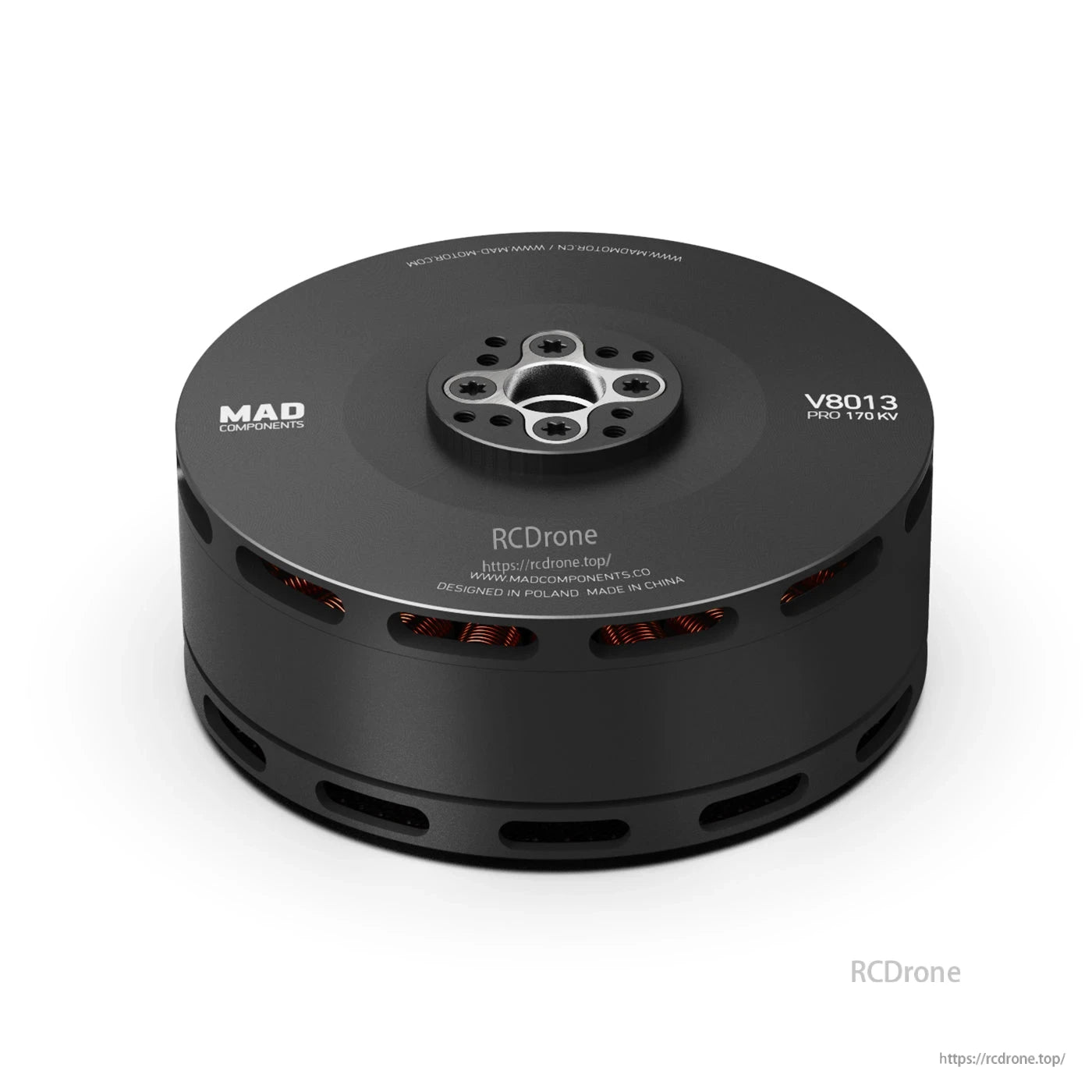 MAD V8013 PRO V8013 170KV low-profile eVTOL drone motor with central mounting hub and vented housing
