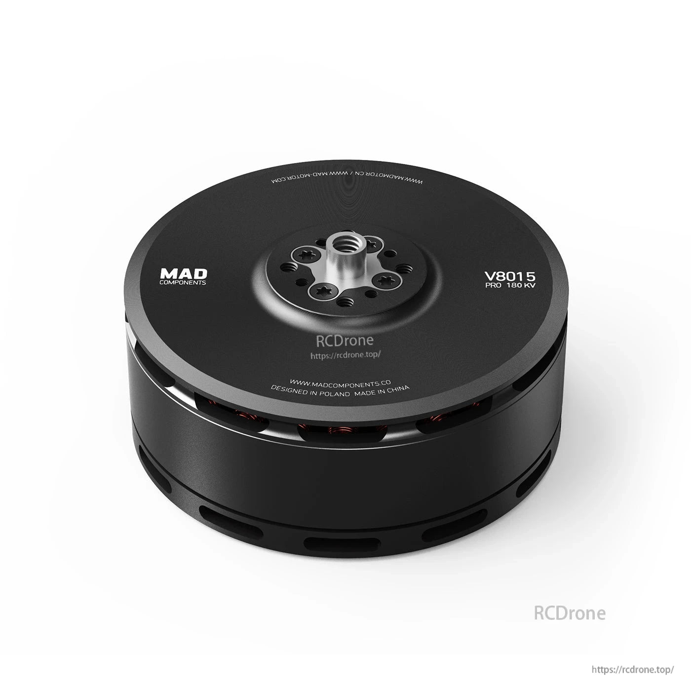 MAD V8015 Pro 180KV eVTOL drone motor with black housing, central threaded shaft, and mounting holes