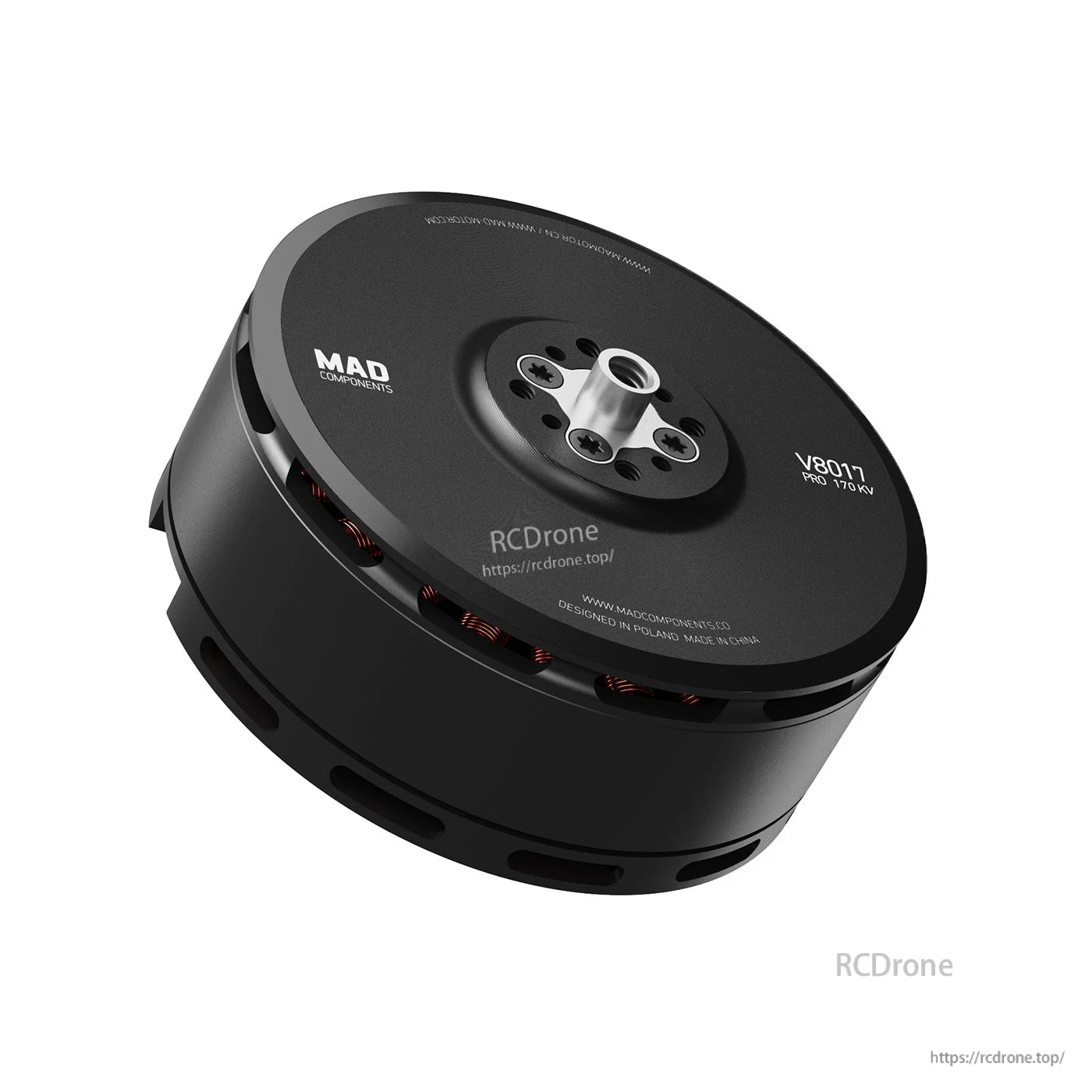 MAD V8017 Pro brushless eVTOL drone motor with top-mounted hub and black housing, 170KV marking