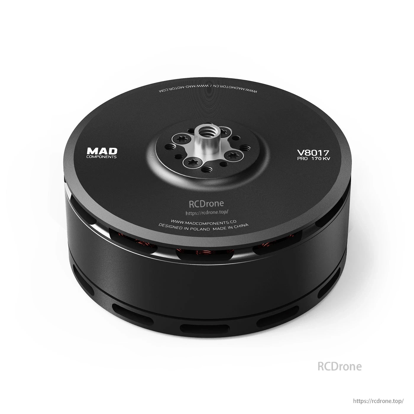MAD V8017 Pro 170KV pancake-style eVTOL drone motor with central mounting hub and black anodized housing