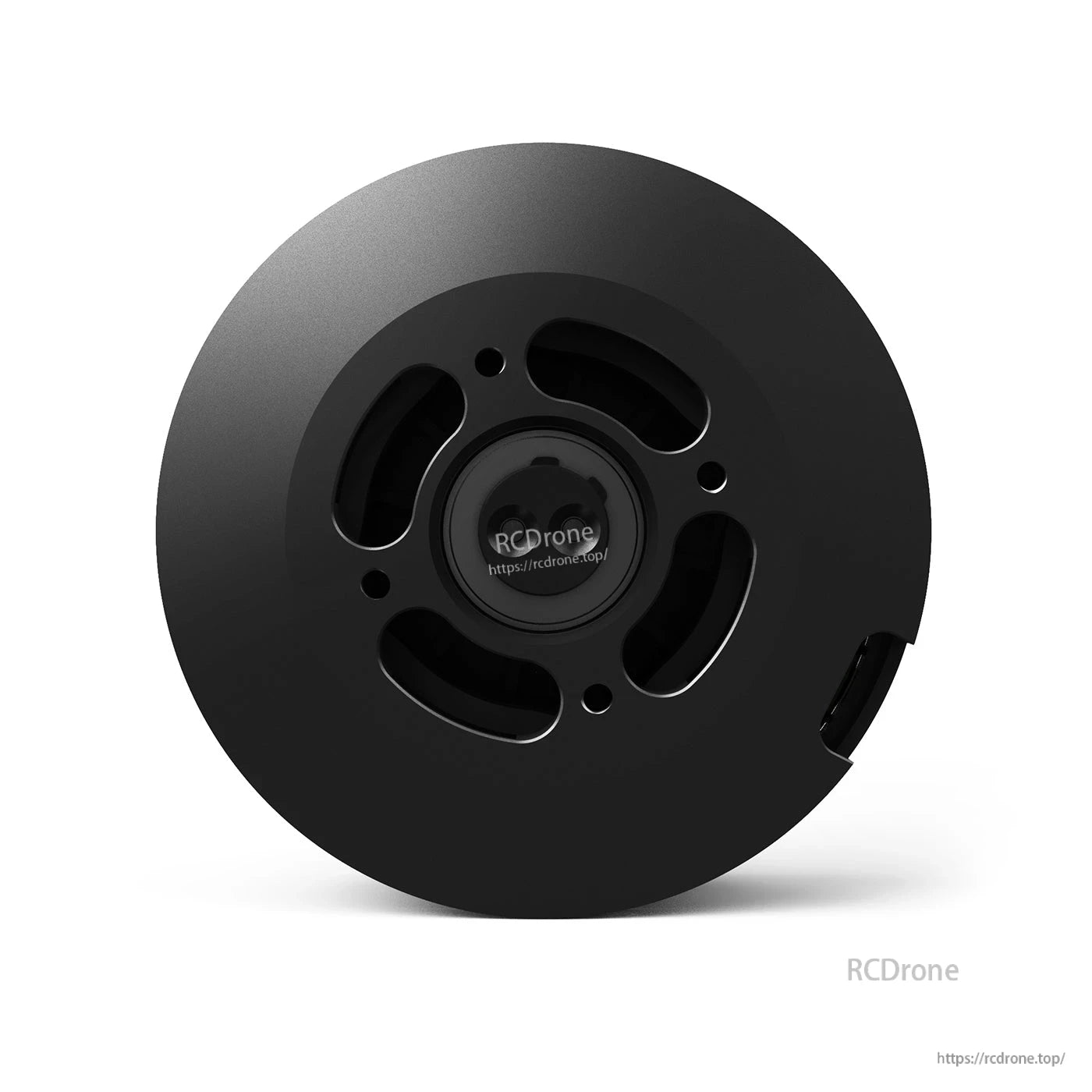 Black eVTOL drone motor front housing with circular mounting face and vented cutout slots