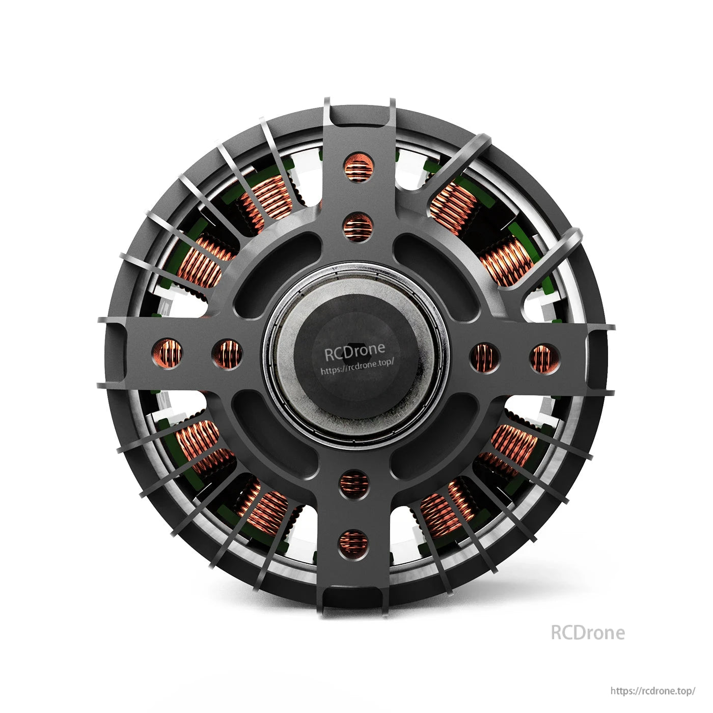 MAD VAX 5320 Short Shaft V3.0 eVTOL Drone Motor, Top view of MAD VAX 5320 V3.0 eVTOL drone motor with black housing and exposed copper windings