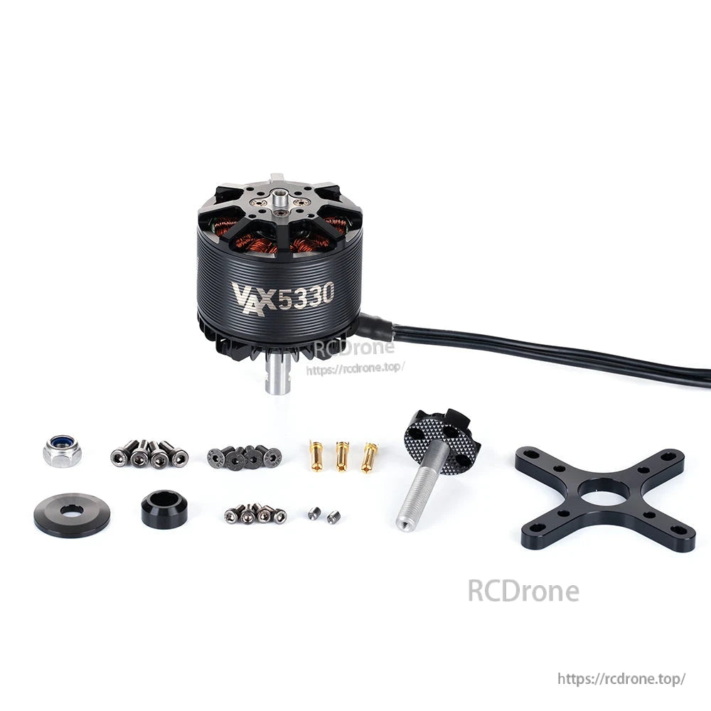 MAD VAX5330 long-shaft brushless drone motor with mounting hardware, prop adapter, and X-mount plate