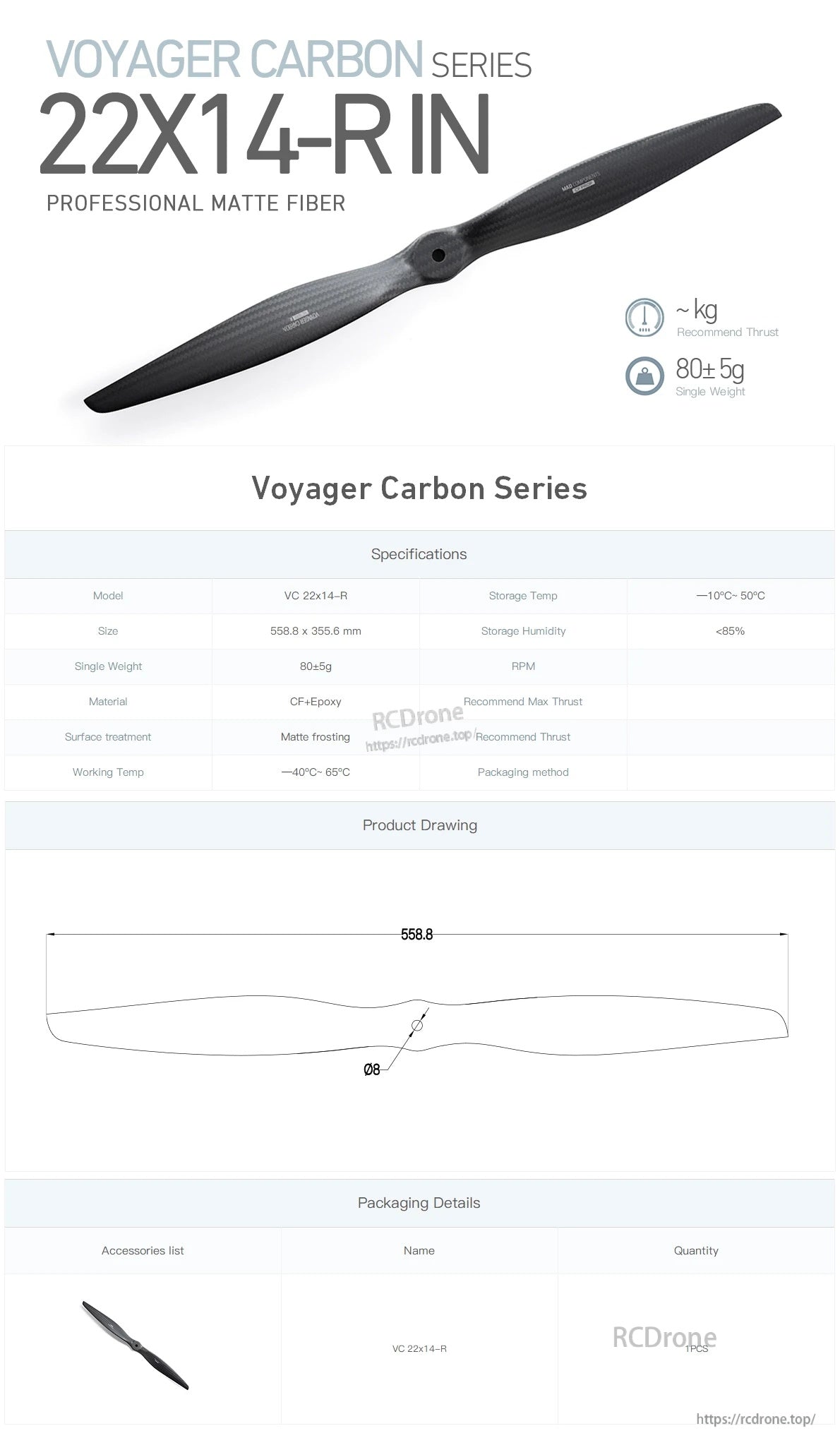 MAD VC 22x10/ 22x13/22x14/22x15/ 22x18 Inch Caron Fiber Propeller - R - 1pc