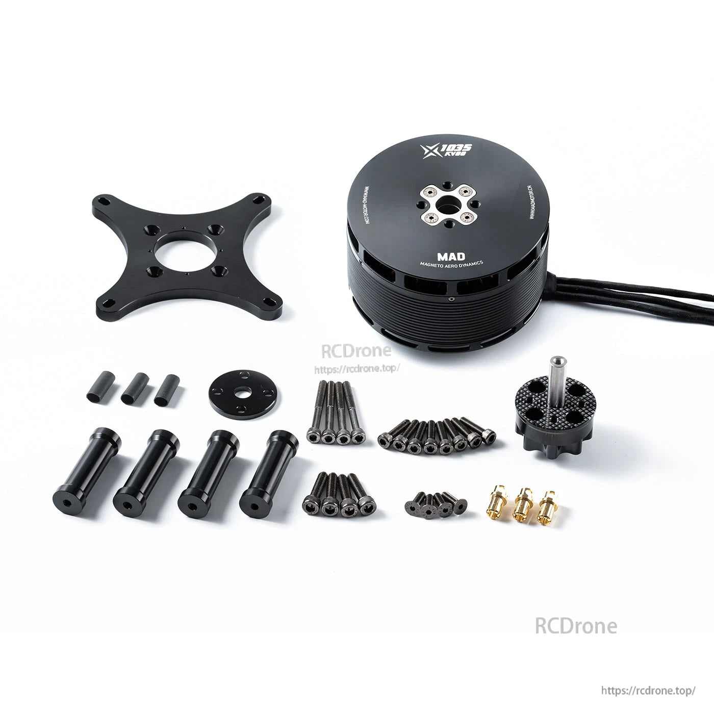 MAD X1035 IPE V1.0 brushless drone motor with mounting plate, hardware kit, and wiring leads