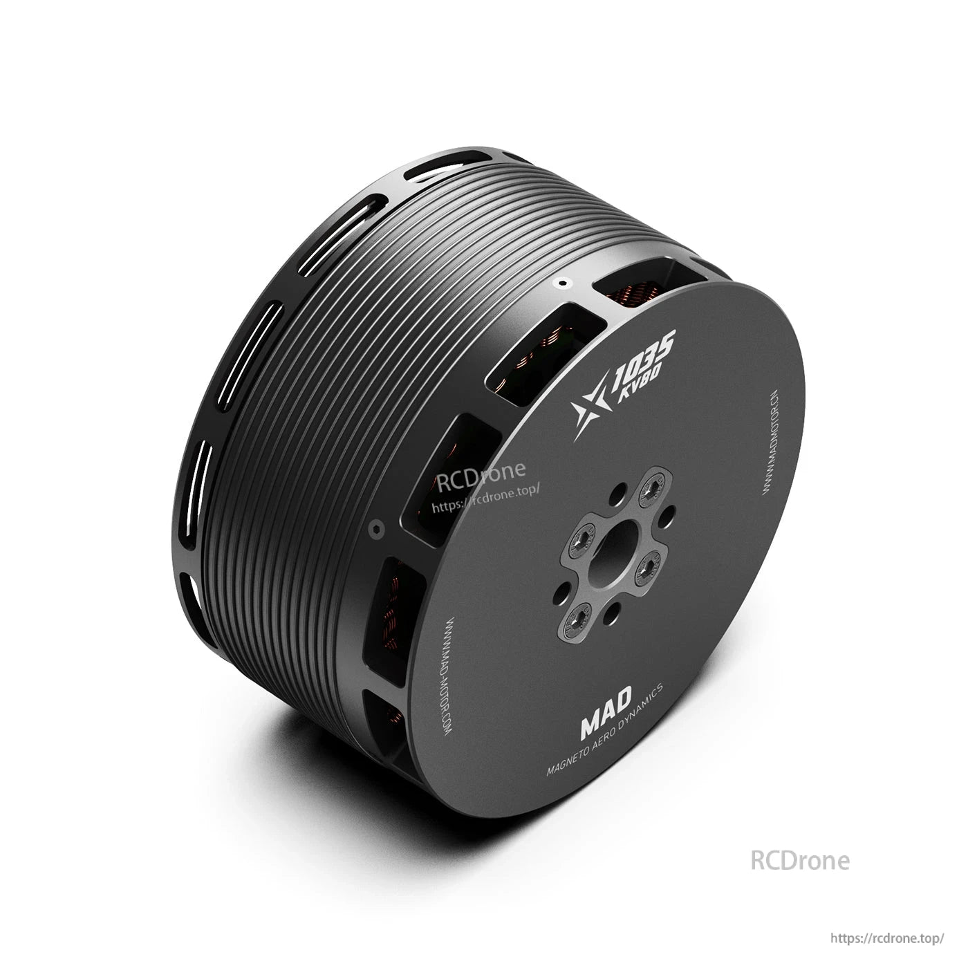 MAD X1035 eVTOL brushless drone motor with ribbed aluminum housing, vent slots, and front mounting plate