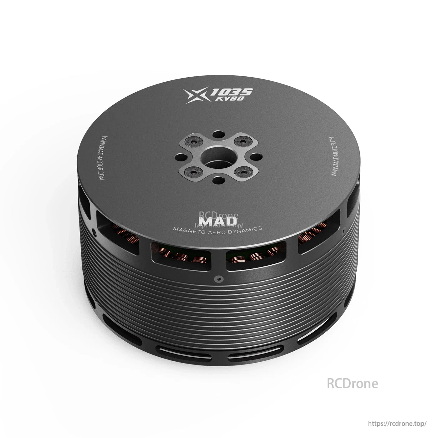 MAD X1035 KV80 brushless drone motor with black finned housing and top mounting holes for eVTOL aircraft