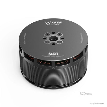 MAD X1035 KV80 brushless drone motor with black finned housing and top mounting holes for eVTOL aircraft