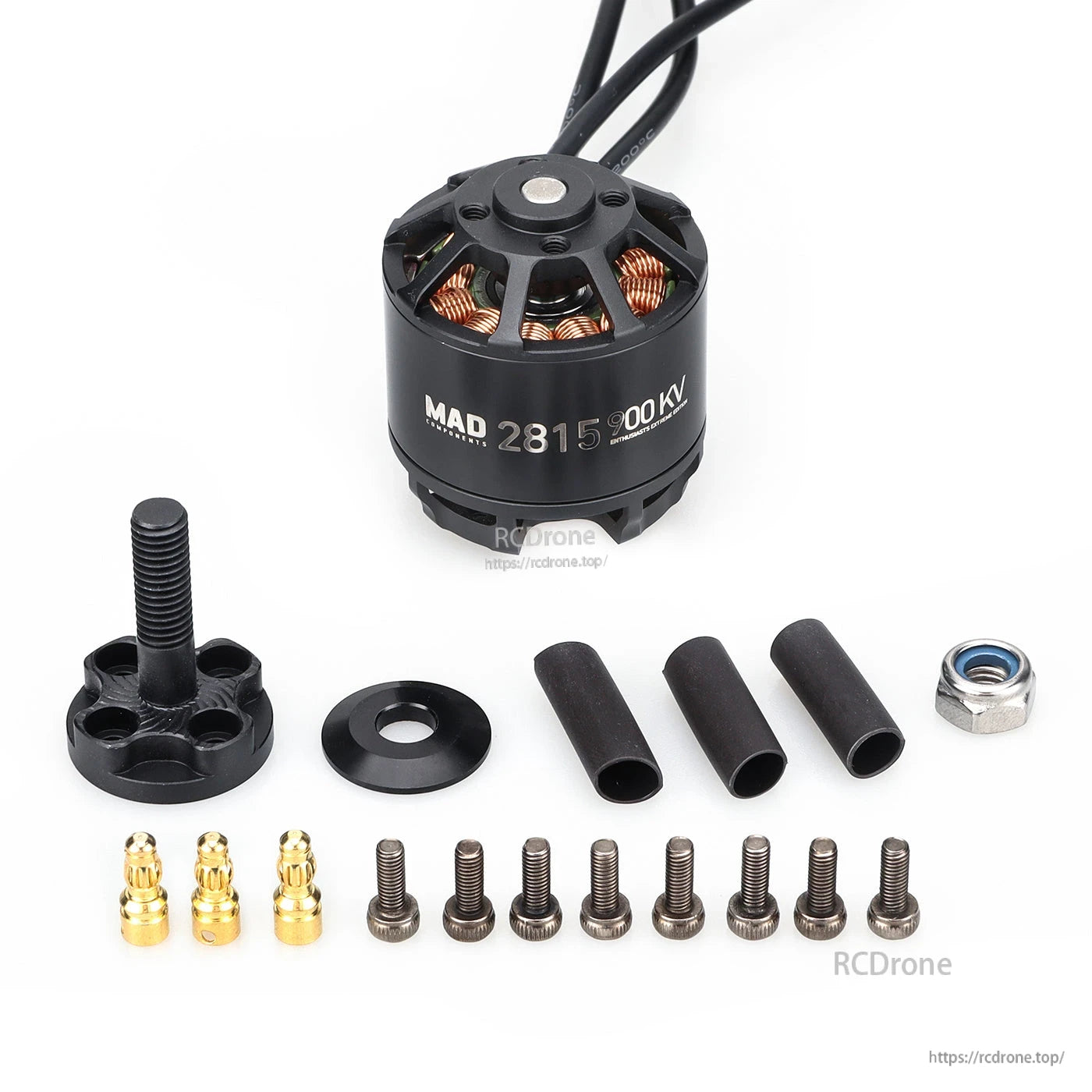 MAD 2815 900KV brushless drone motor with wires and included mounting hardware, bullet connectors, and spacers