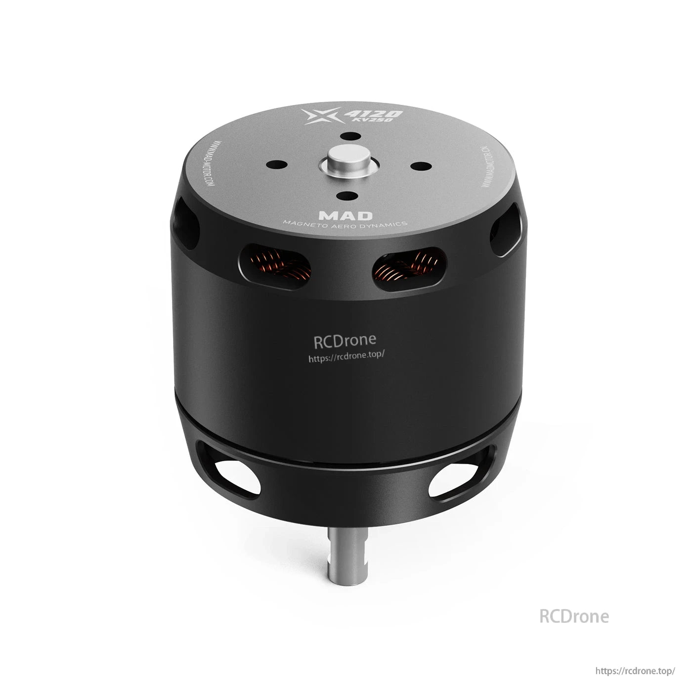 MAD X4120 brushless drone motor with black cylindrical housing, vent slots showing copper windings, and center shaft