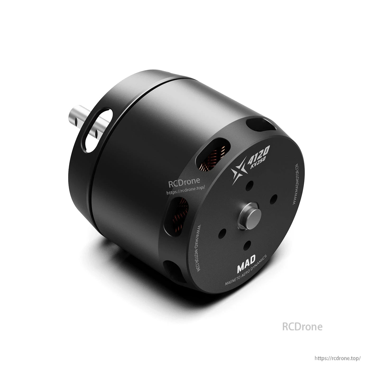MAD X4120 brushless drone motor with black cylindrical housing, front mounting holes and exposed copper windings