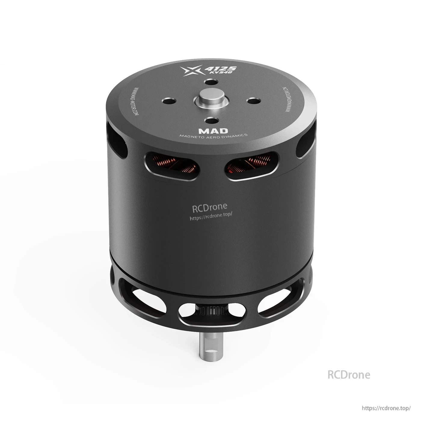 MAD X4125 IPE V1.0 eVTOL Airplane Drone Motor, MAD X4125 IPE V1.0 brushless outrunner drone motor with black can housing, vented base, and shaft