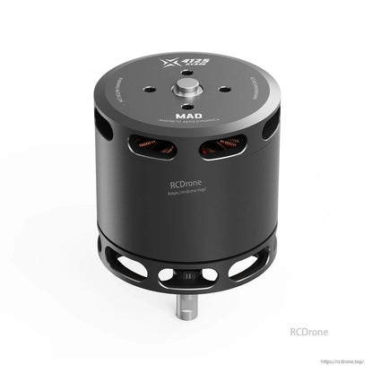 MAD X4125 IPE V1.0 eVTOL Airplane Drone Motor, MAD X4125 IPE V1.0 brushless outrunner drone motor with black can housing, vented base, and shaft
