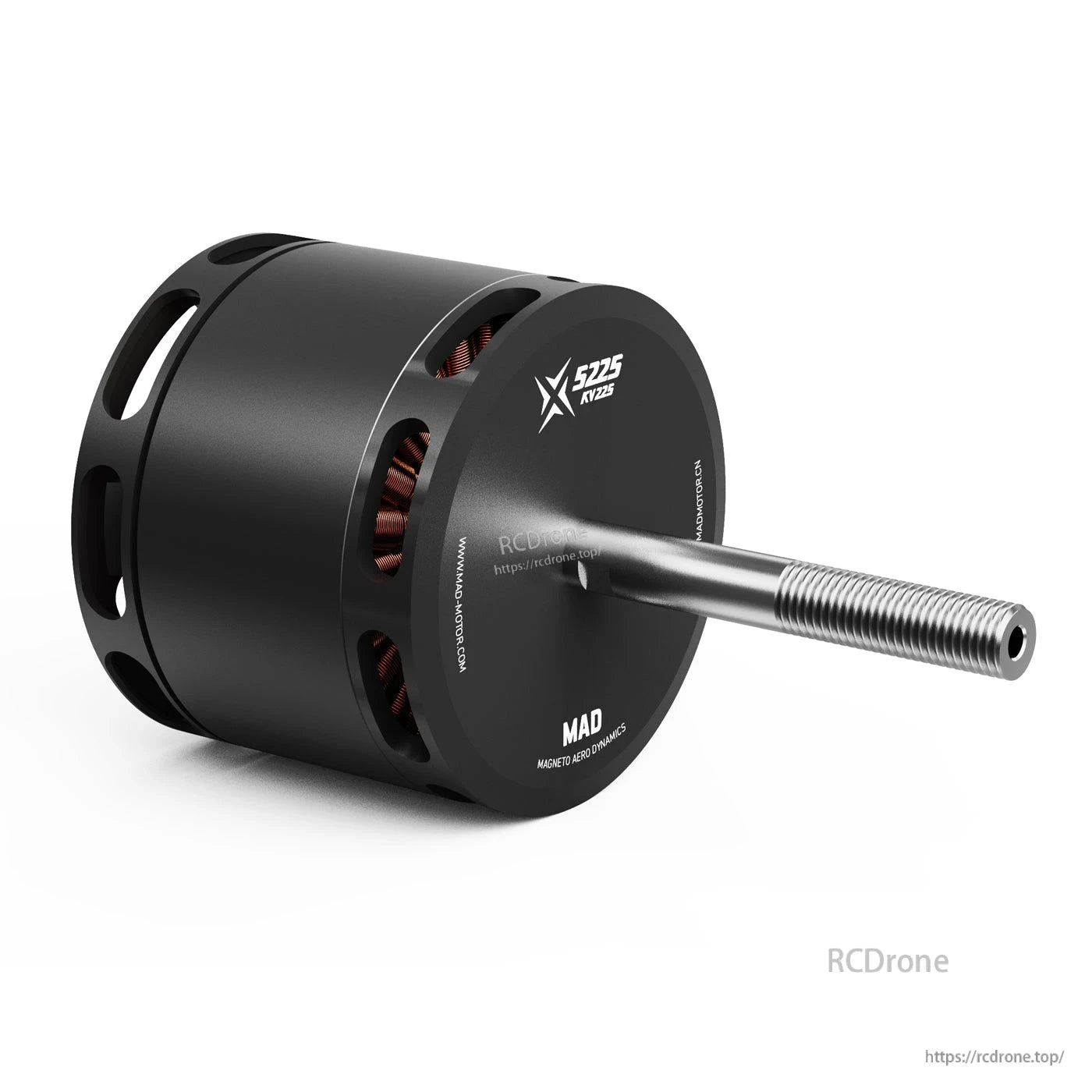 MAD X5225 225KV brushless drone motor with black housing, visible copper windings, and long threaded shaft