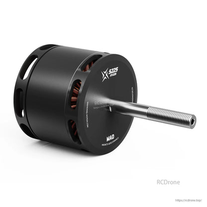 MAD X5225 225KV brushless drone motor with black housing, visible copper windings, and long threaded shaft