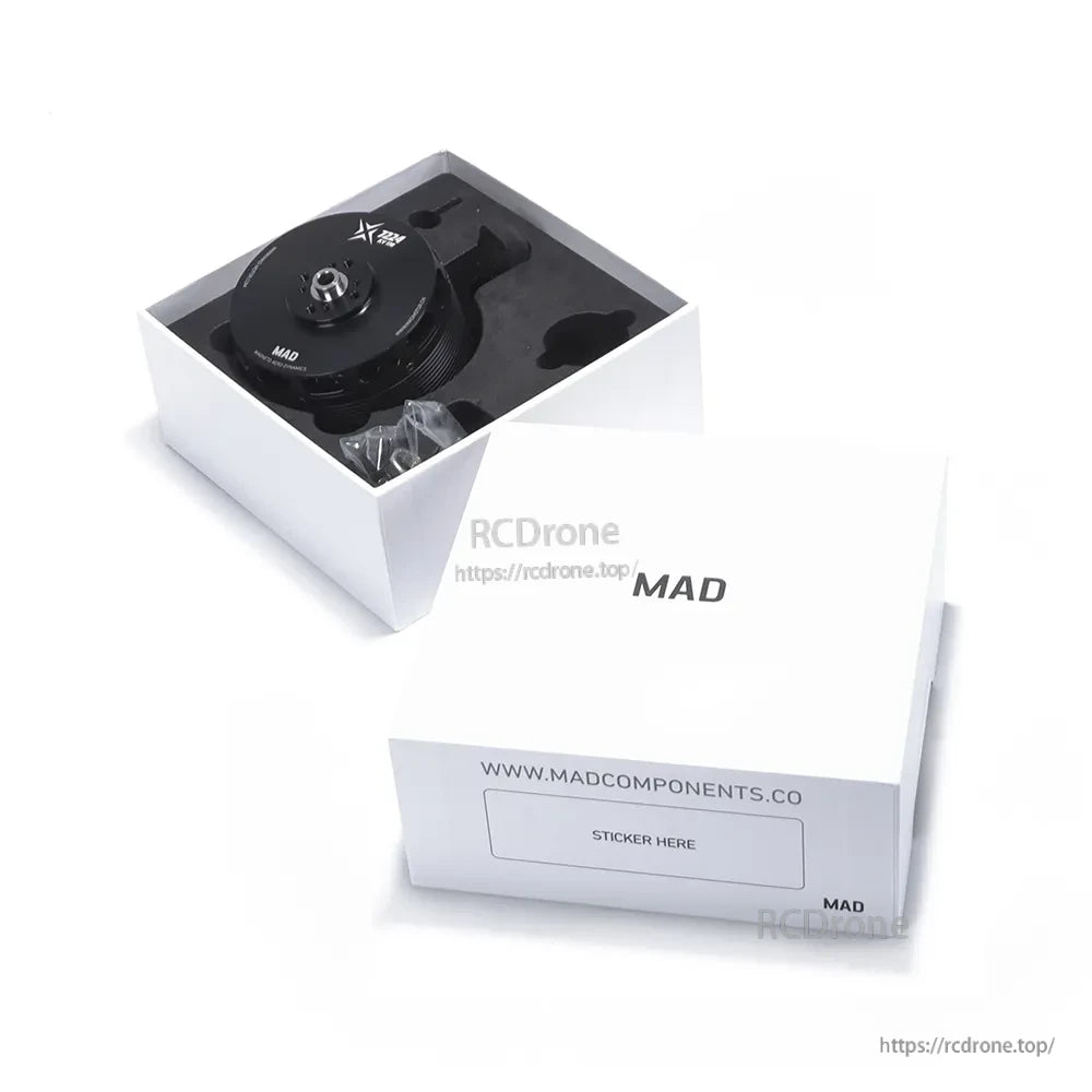 MAD X7224 IPE V2.0 eVTOL Airplane Drone Motor, White MAD Components product box with madcomponents.co branding and a label area on the front