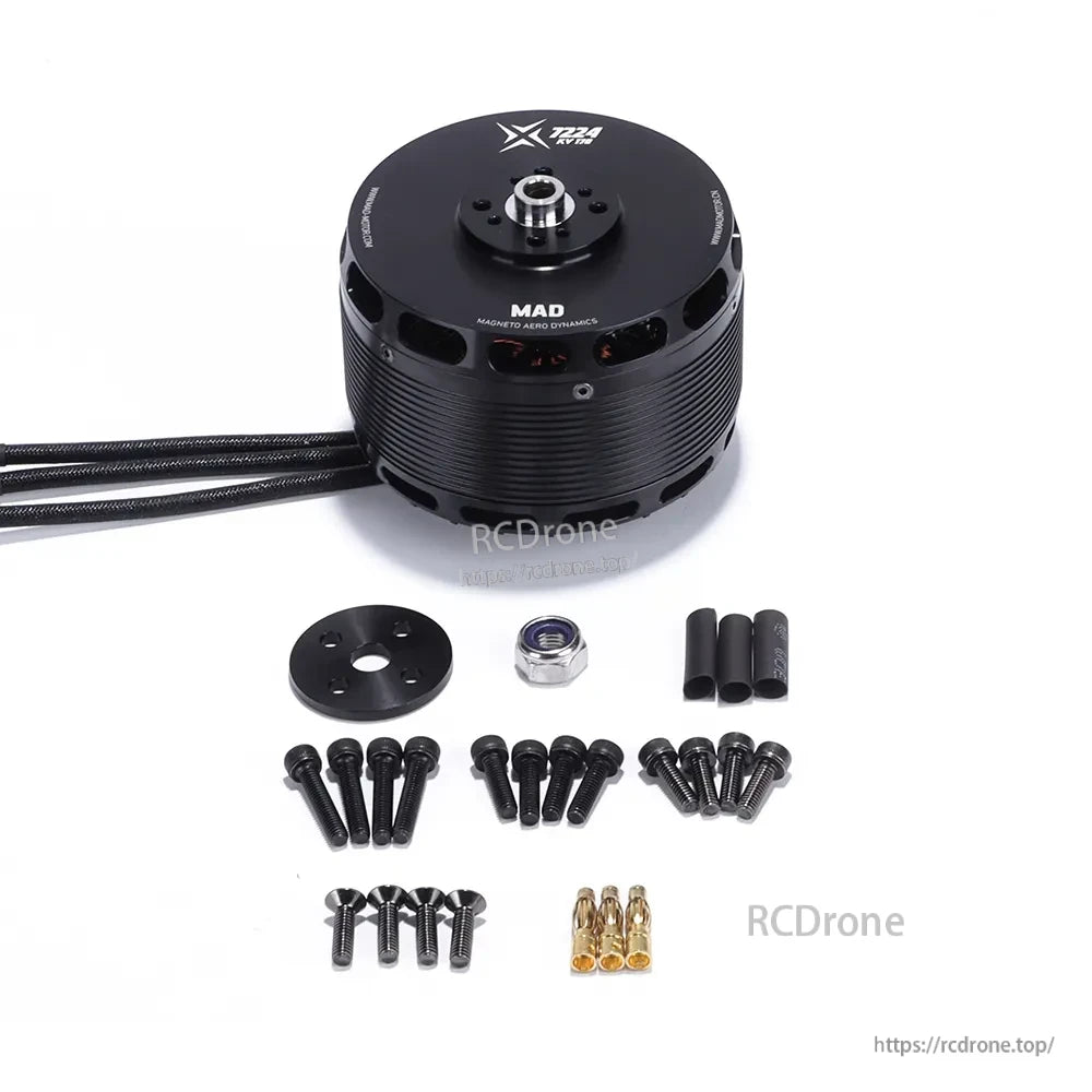 MAD X7224 IPE V2.0 eVTOL Airplane Drone Motor, MAD X7224 IPE V2.0 brushless drone motor with mounting screws, adapter plate, bullet connectors, and heat shrink