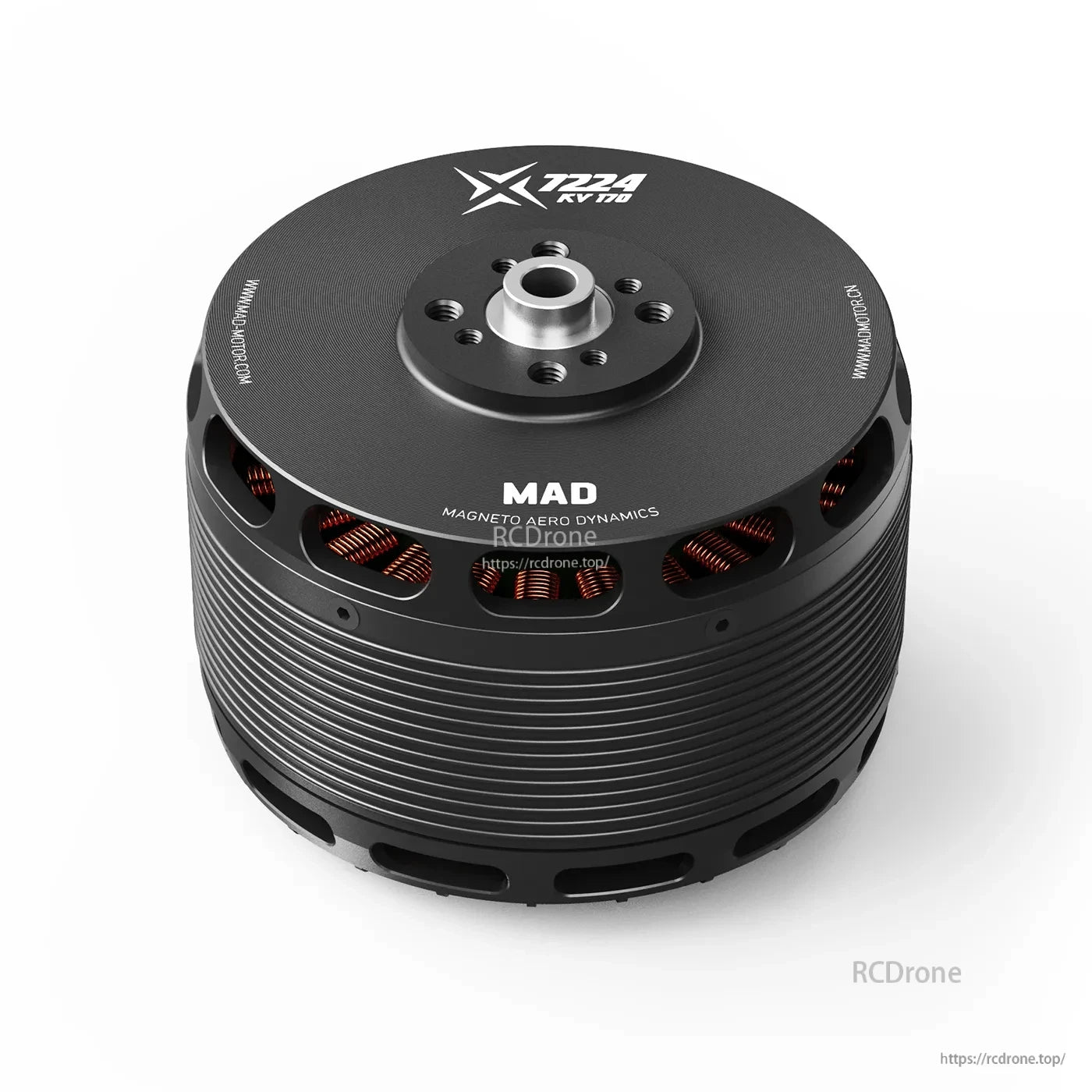MAD X7224 IPE V2.0 eVTOL Airplane Drone Motor, MAD X7224 KV180 brushless drone motor with black anodized housing, mounting holes, and visible copper windings