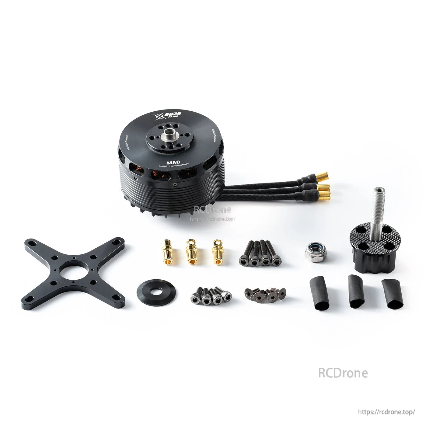 MAD X8025 drone motor with three bullet-connector leads, mounting plate, screws, and hardware accessories