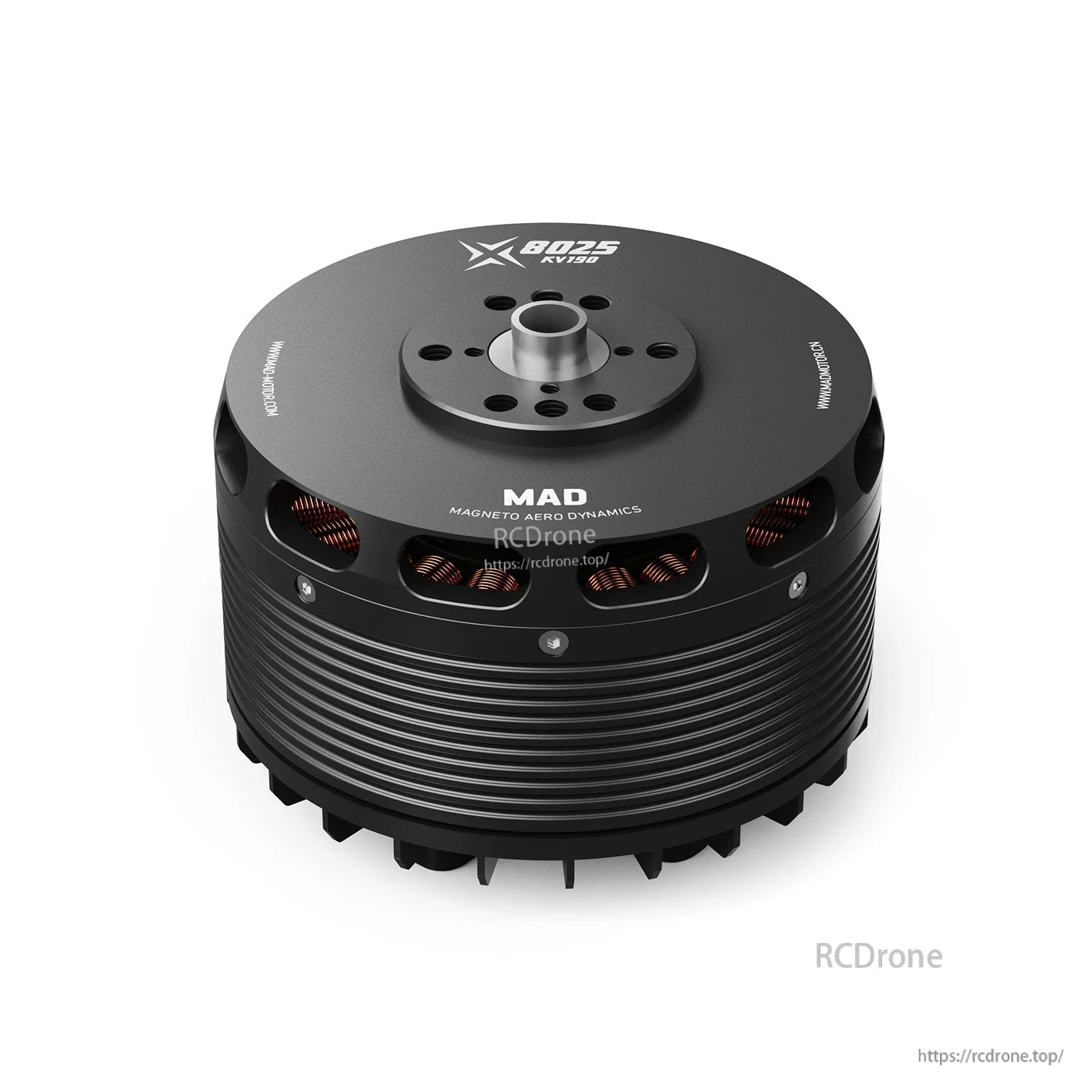 MAD X8025 190KV brushless drone motor with black finned housing, top mount plate and visible copper windings
