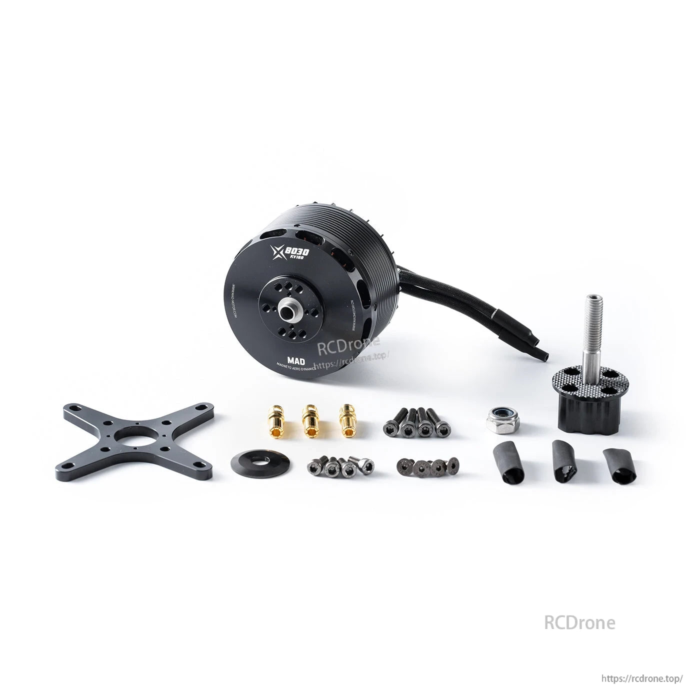 MAD X8030 eVTOL Airplane Drone Motor, MAD X8030 brushless drone motor with mounting cross, prop adapter, connectors, and hardware kit