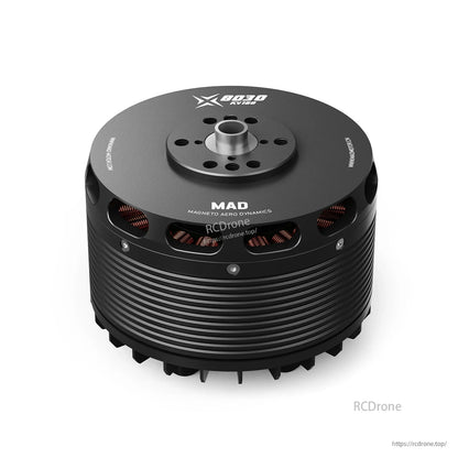 MAD X8030 eVTOL Airplane Drone Motor, MAD X8030 KV180 brushless drone motor with black ribbed housing, top mount plate and central shaft