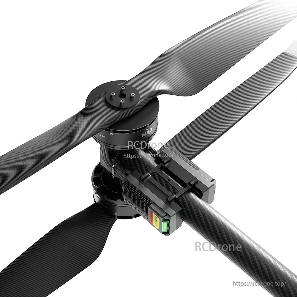 MAD XH14 coaxial drone arm with carbon fiber tube, motor mount, and stacked propellers on top