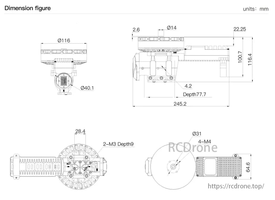 MAD XP10 Drone Arm, The figure details mechanical part dimensions in mm, including diameters, depths, and mounting holes for precise assembly and design reference.