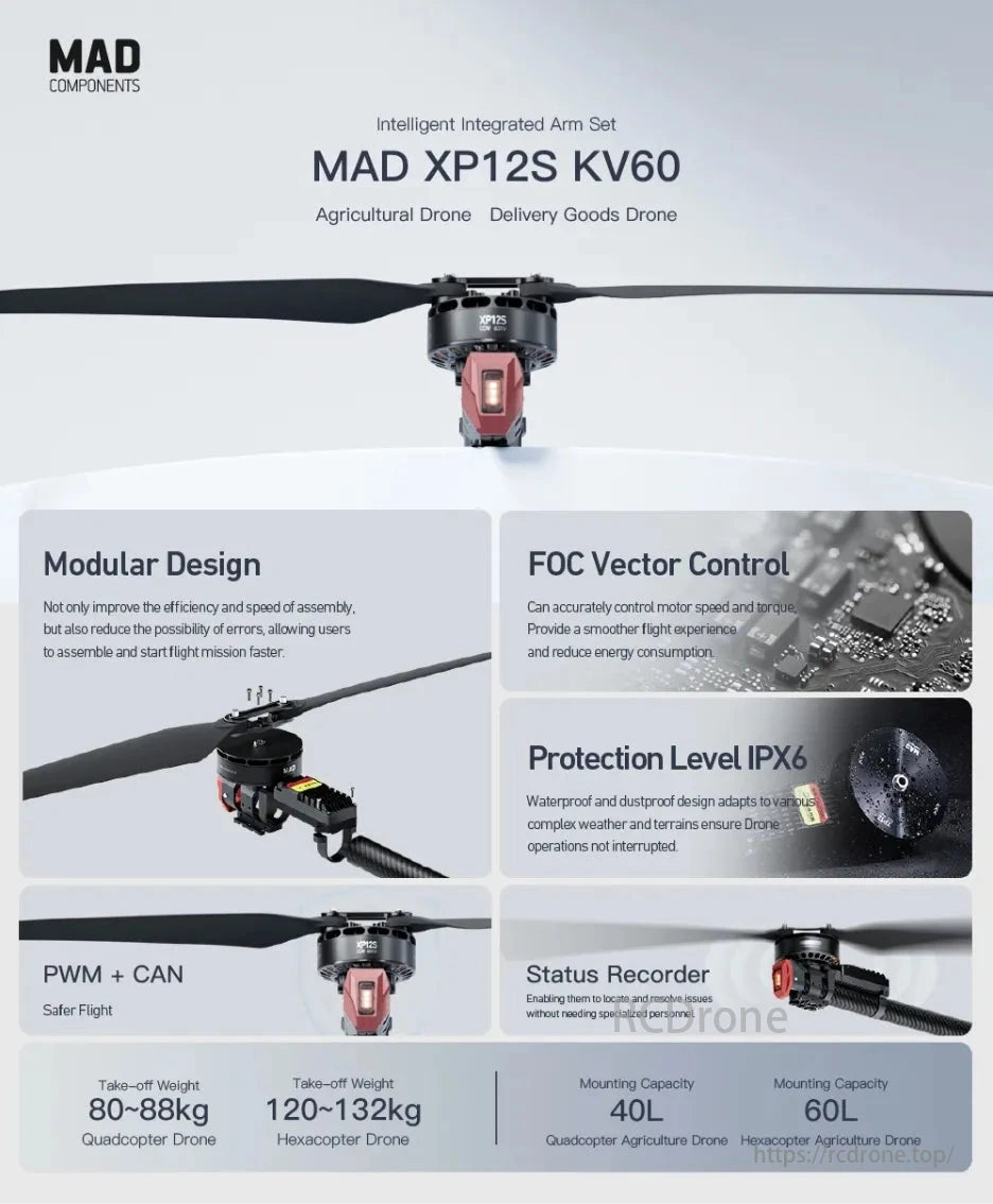 MAD XP12S KV60 45KG Drone Motor, MAD XP12S KV60 is an intelligent drone arm set with modular design, FOC control, IPX6 protection, PWM+CAN safety, status recording, and support for quad/hexacopters.