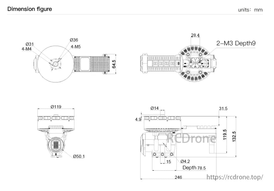 MAD XP12S KV60 45KG Drone Motor, The dimension figure in millimeters includes Ø31, 4-M4, Ø36, 4-M5, Ø119, Ø50.1, and other assembly measurements.