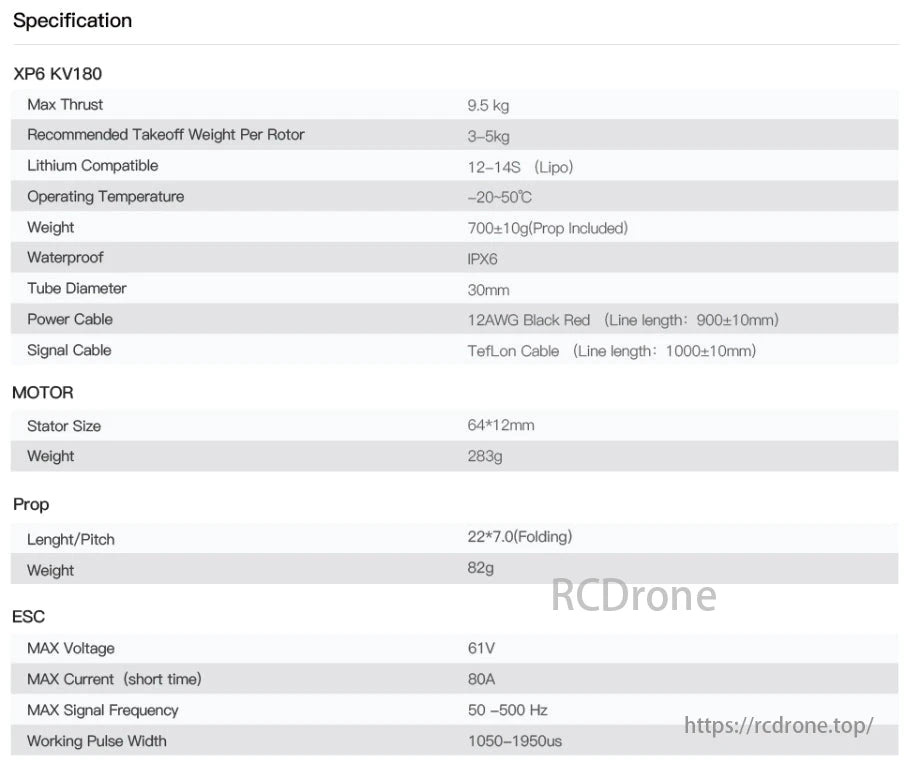 The MAD XP6 Integrated Drone Arm Set features a KV180 motor, max thrust of 9.5 kg, and recommended takeoff weight per rotor.