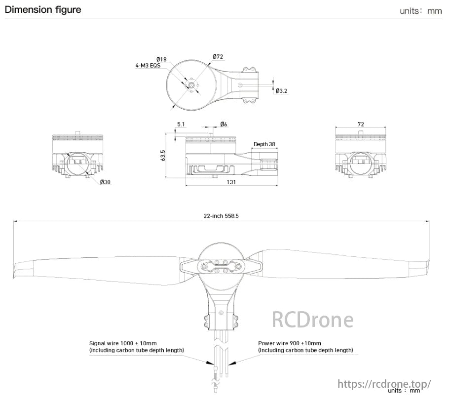 MAD XP6 Integrated Drone Arm Set, Propeller dimensions in millimeters: 22-inch diameter, signal wire 1000 ± 10mm, power wire 900 ± 10mm, for precise assembly.
