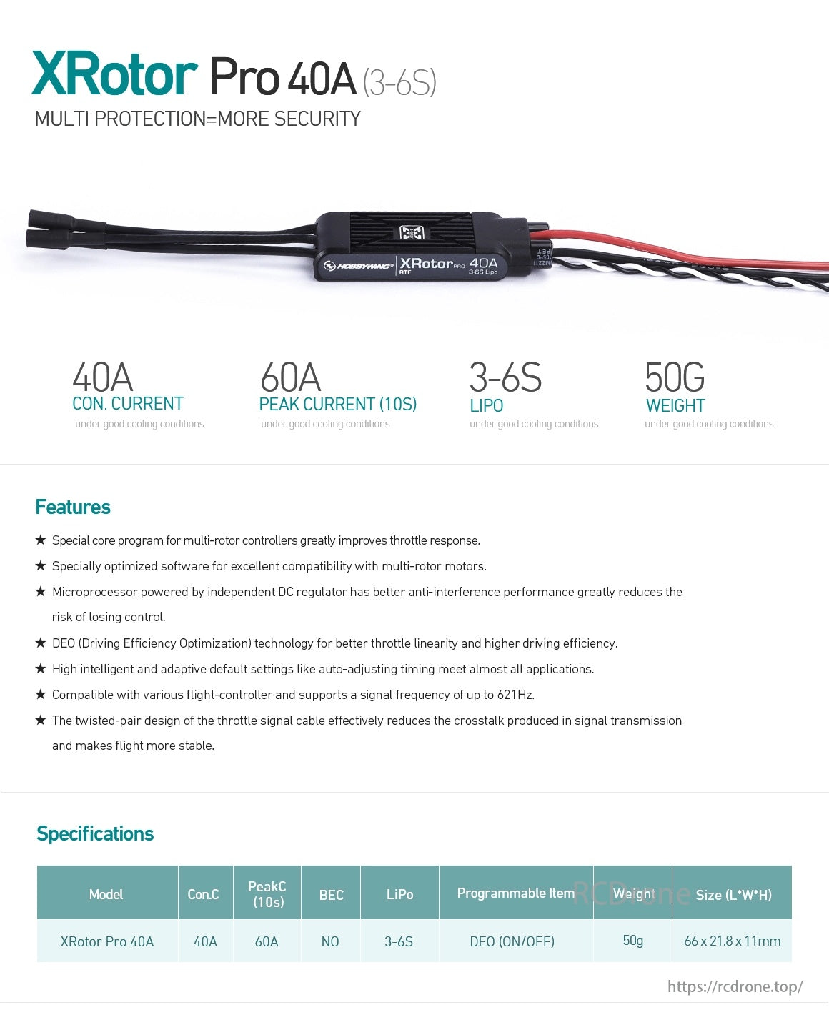 MAD XROTOR Pro 40A (3-6S) ESC, XRotor Pro 40A provides 40A continuous/60A peak current, 3-6S LiPo compatibility, weighs 50g, with multi-protection, optimized software, and stable flight features.