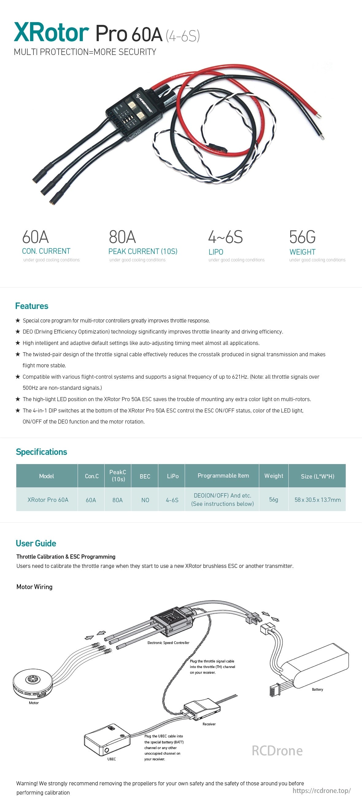 MAD XROTOR Pro 60A (4-6S) Drone ESC, XRotor Pro 60A ESC, 80A peak, 4-6S LiPo, DEO tech, adaptive settings, LED, 56g, throttle calibration, motor wiring.