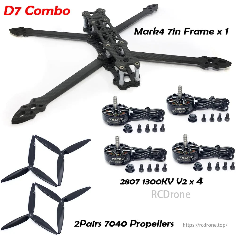 MARK4 FPV Drone, D7 Combo includes Mark4 frame, 4 motors, and 2 propeller pairs for FPV drone assembly.