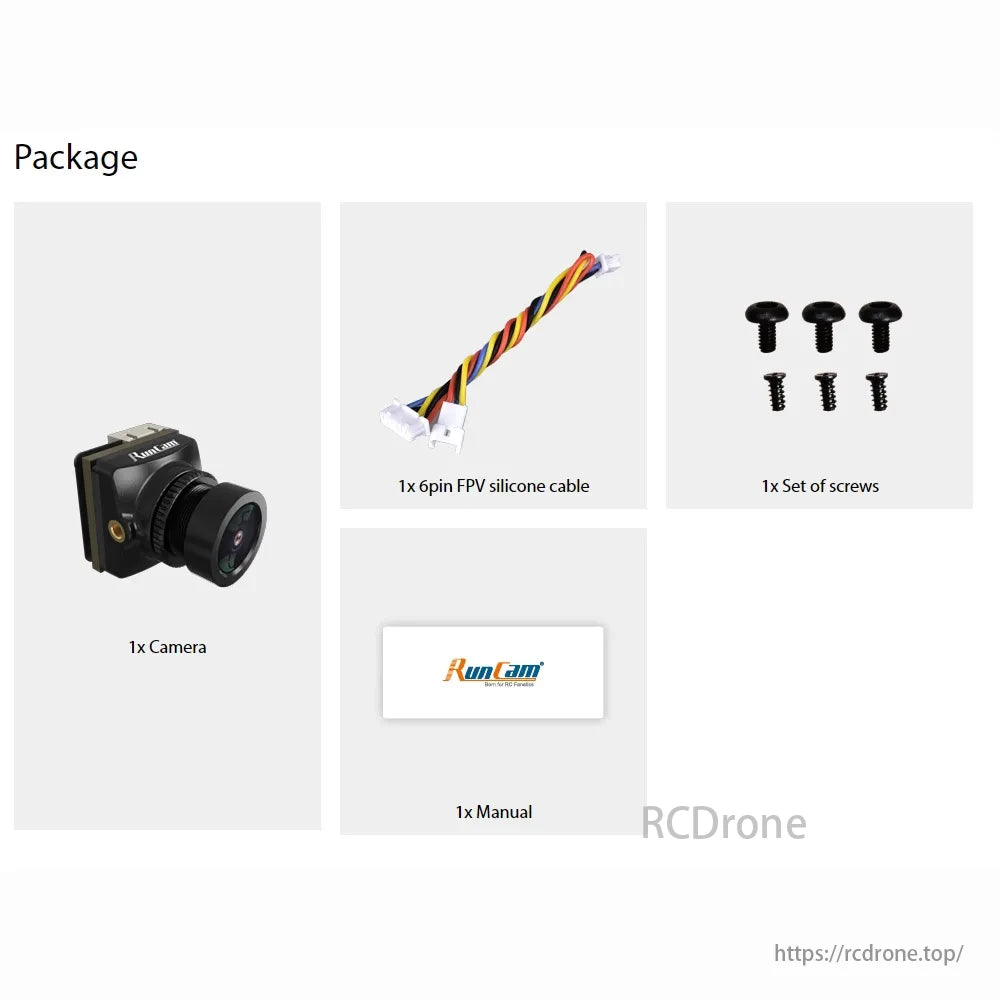 MARK4 FPV Drone, The package includes a camera, FPV cable, screw set, and manual.