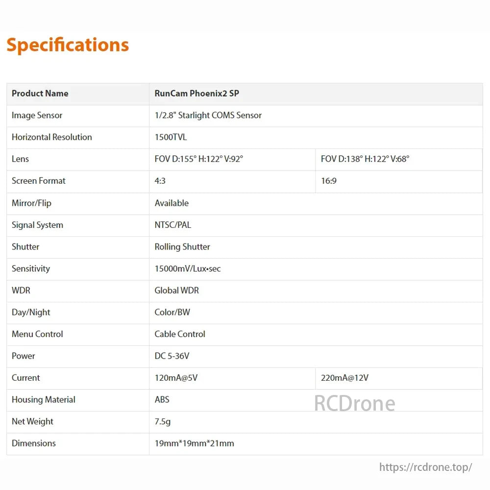 MARK4 FPV Drone, RunCam Phoenix2 SP: 1/2.8" Starlight CMOS, 1500TVL, 155° FOV, NTSC/PAL, WDR, color/BW modes, DC 5-36V, 7.5g, 19x19x21mm.