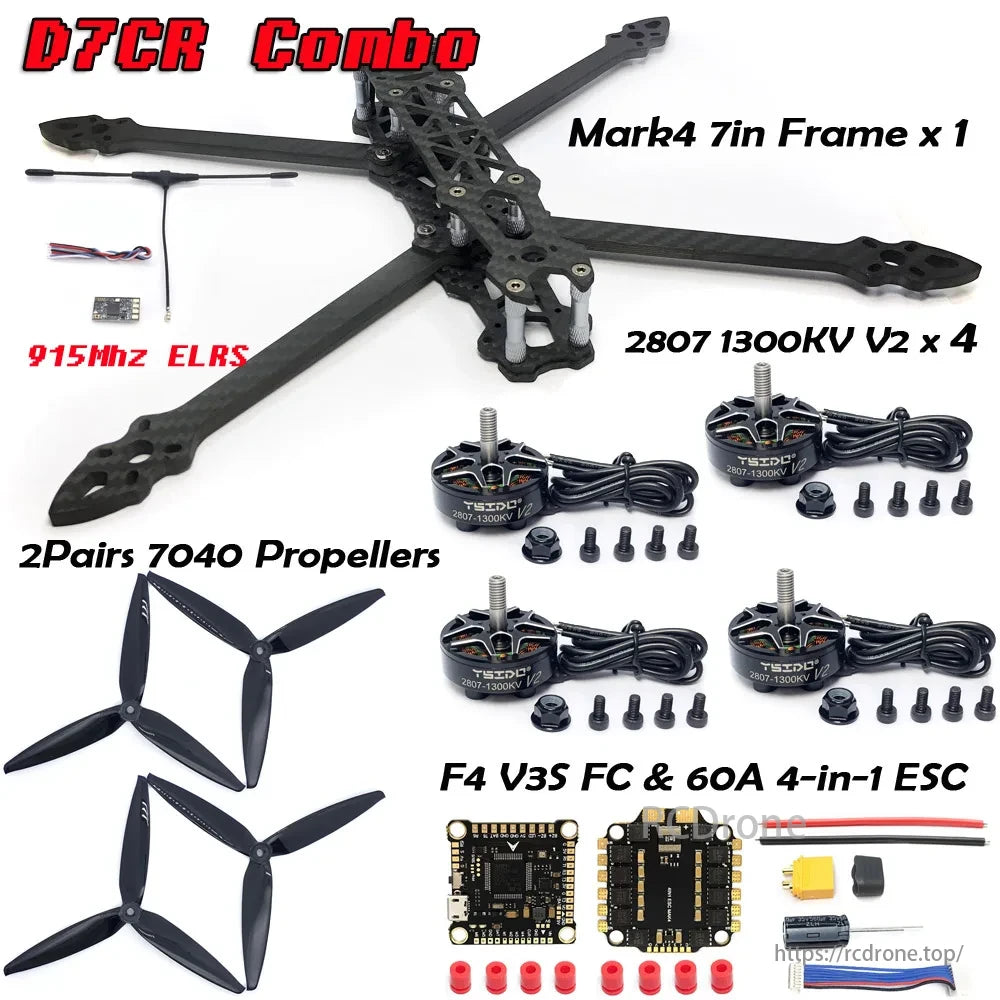 MARK4 FPV Drone, D7CR Combo features Mark4 frame, upgraded motors, ELRS, propellers, FC, and ESC. Perfect for FPV drone enthusiasts.
